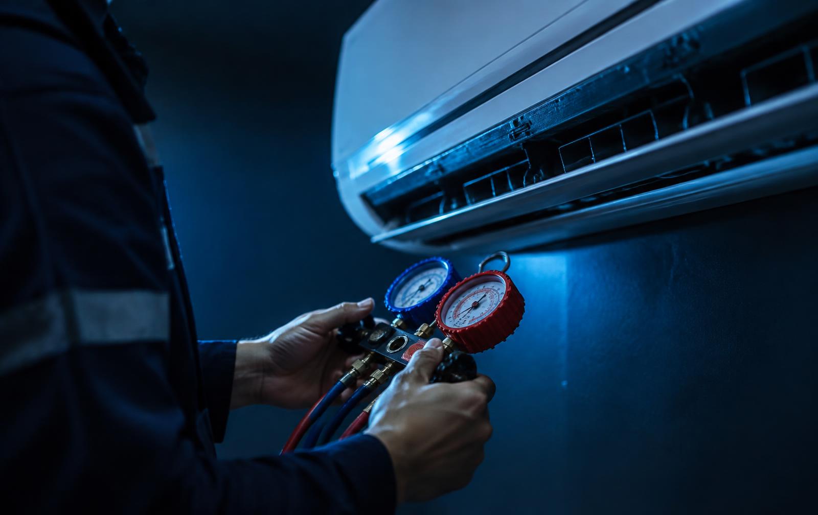 Técnico medindo a pressão de um ar-condicionado split